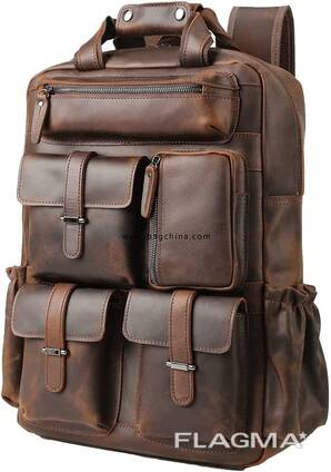 Genuine Leather Backpack for Men Multi Pockets School Travel Daypack